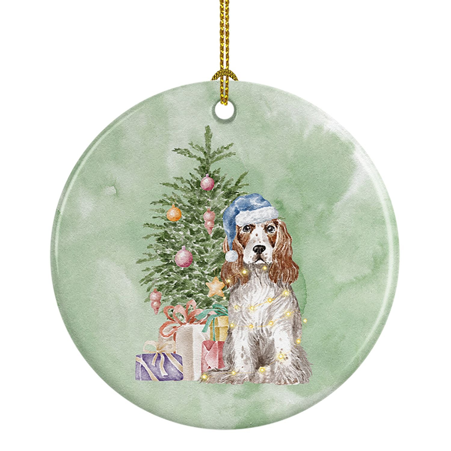 Cocker Spaniel English Red White Christmas Presents and Tree Ceramic Ornament Christmas Tree Hanging Decorations for Home Christ