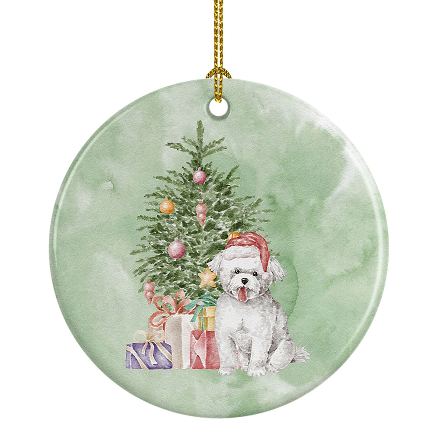 Bichon Frise Puppy Christmas Presents and Tree Ceramic Ornament Christmas Tree Hanging Decorations for Home Christmas Holiday, P