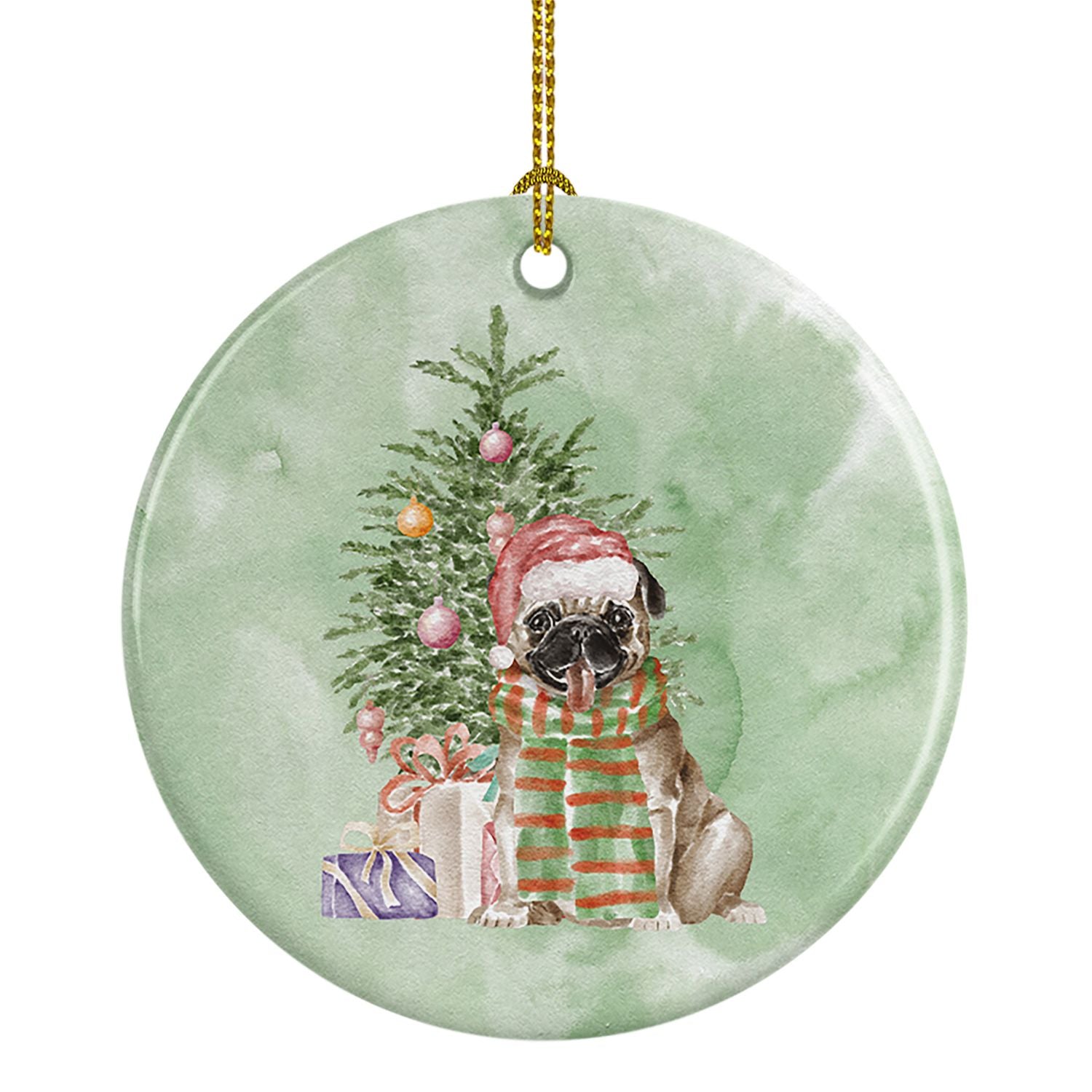 Pug Fawn Christmas Presents and Tree Ceramic Ornament Christmas Tree Hanging Decorations for Home Christmas Holiday, Party, Gift