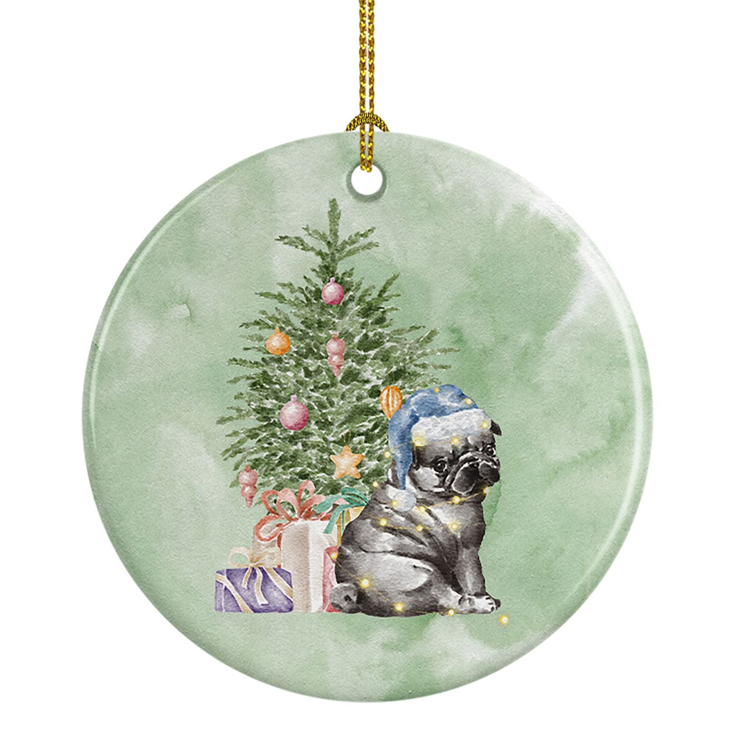 Pug Black Puppy Christmas Presents and Tree Ceramic Ornament Christmas Tree Hanging Decorations for Home Christmas Holiday, Part