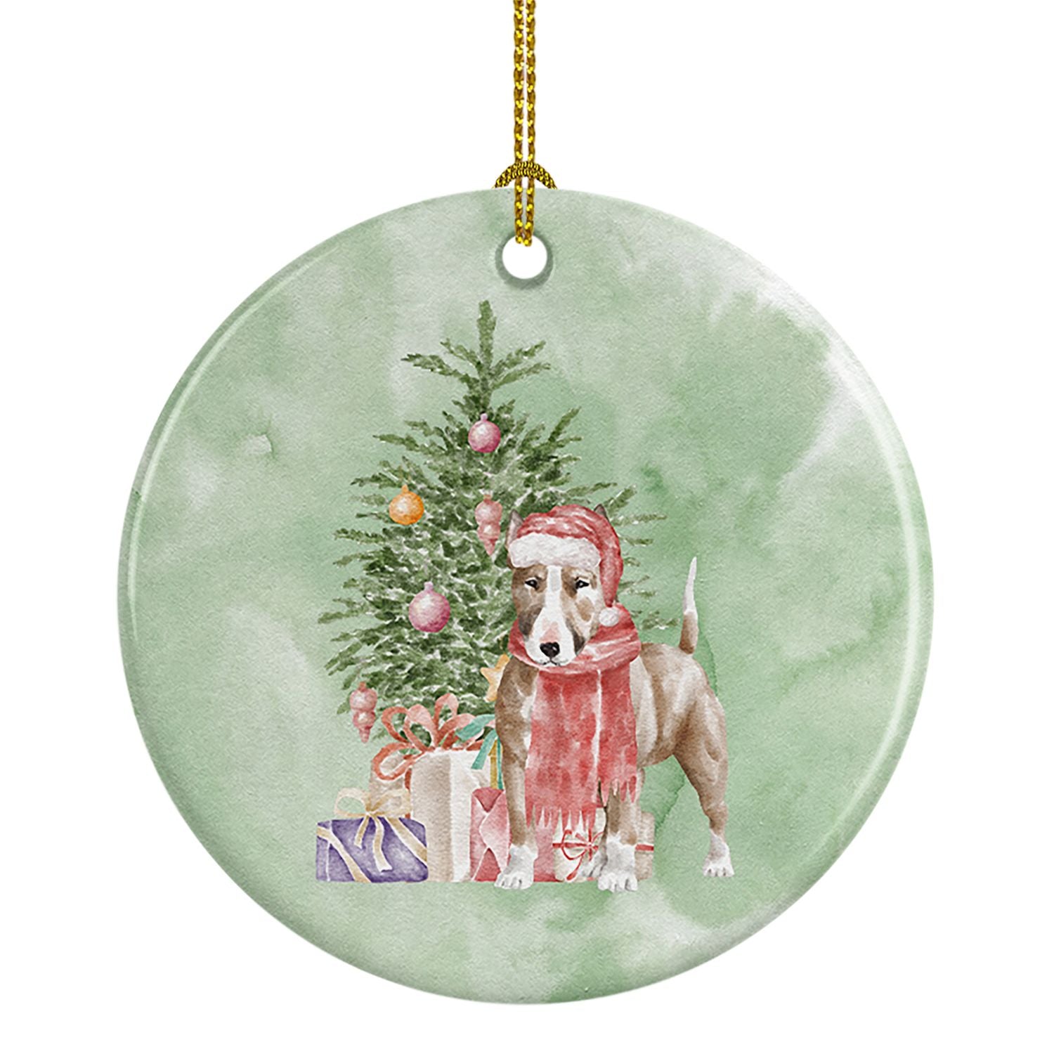 NEW Bull Terrier Red Christmas Presents and Tree Ceramic Ornament Christmas Tree Hanging Decorations for Home Christmas Holiday,
