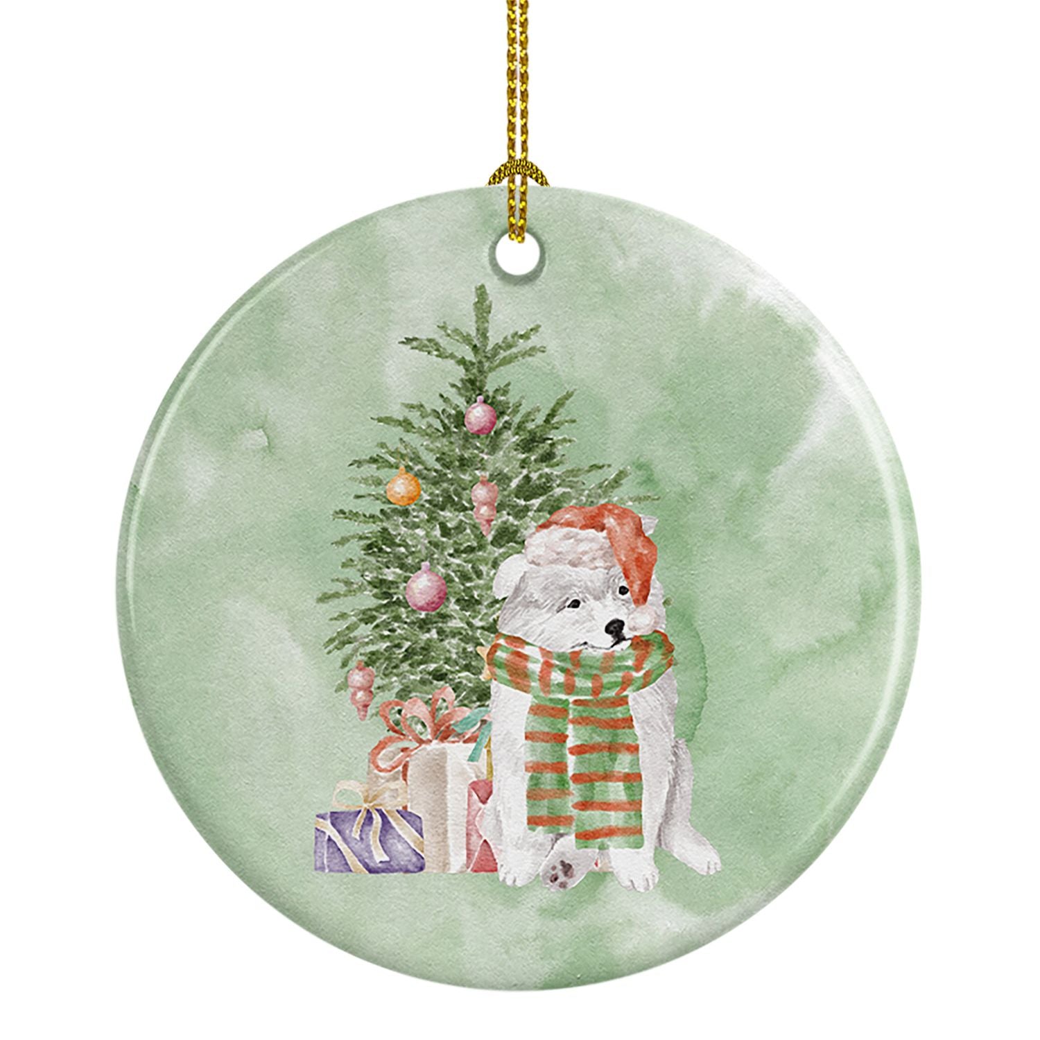 Samoyed Christmas Presents and Tree Ceramic Ornament Christmas Tree Hanging Decorations for Home Christmas Holiday, Party, Gift,