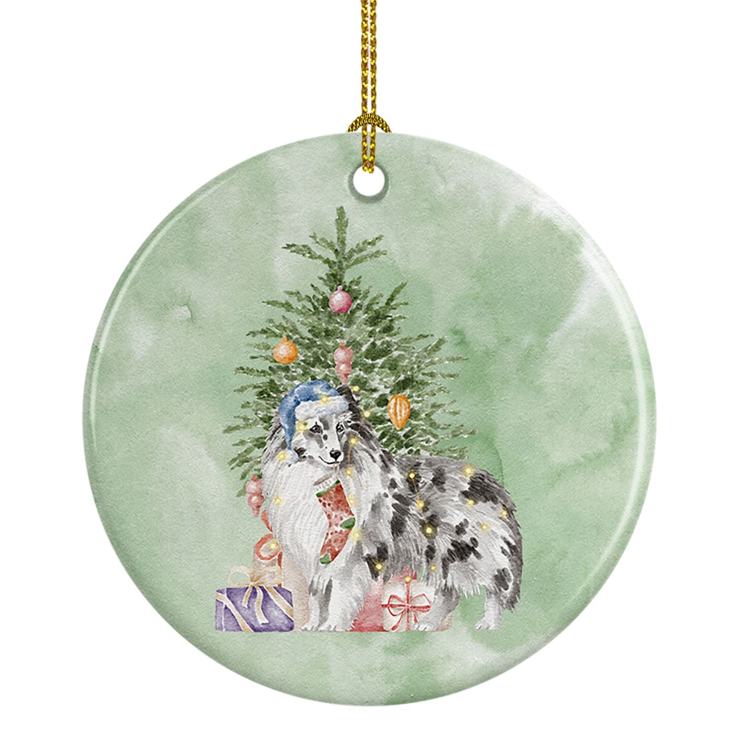 Sheltie Blue Merle Christmas Presents and Tree Ceramic Ornament Christmas Tree Hanging Decorations for Home Christmas Holiday, P