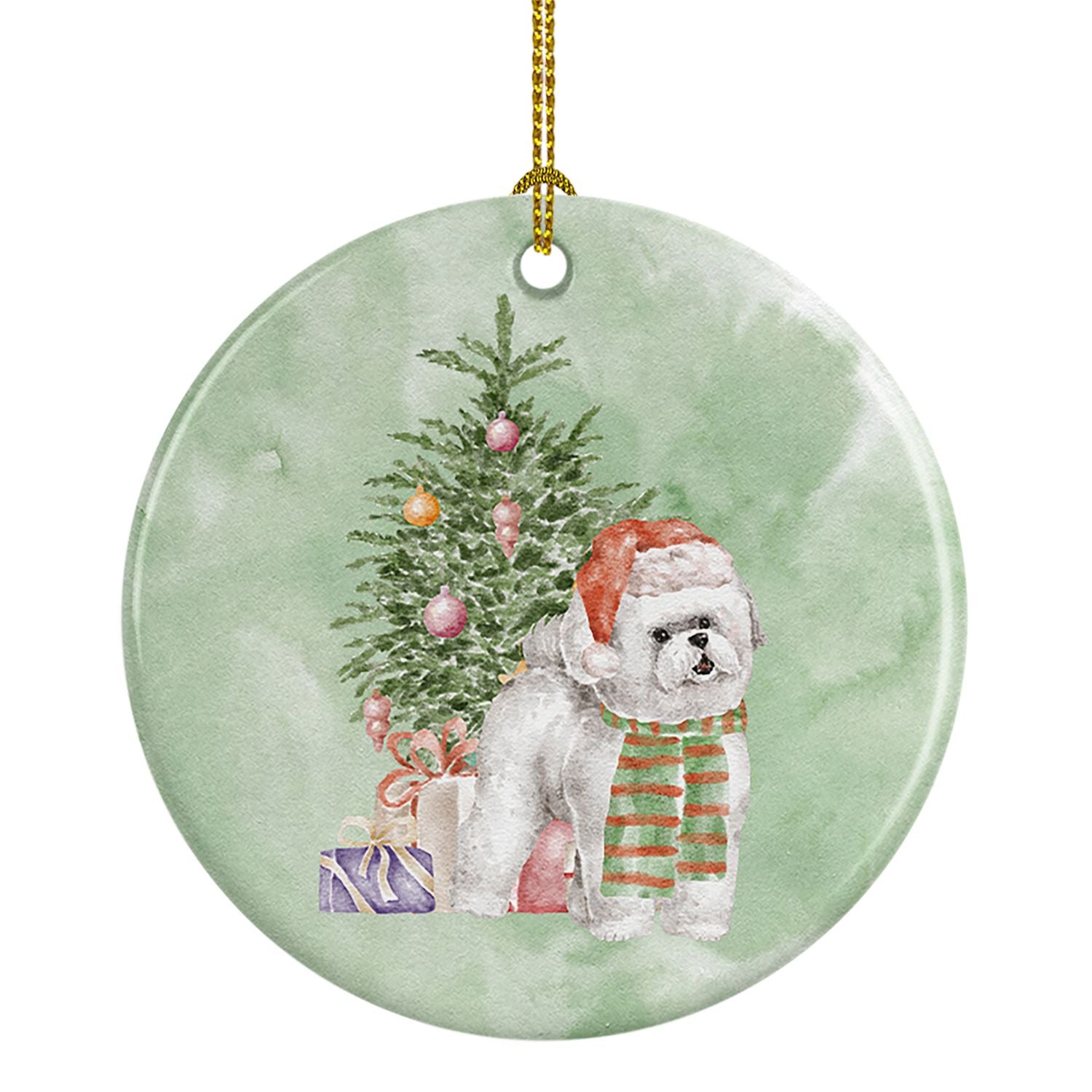 Bichon Frise Red Hat Christmas Presents and Tree Ceramic Ornament Christmas Tree Hanging Decorations for Home Christmas Holiday,