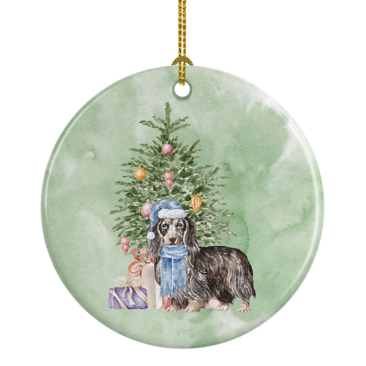 Dachshund Longhair Black Tan Christmas Presents and Tree Ceramic Ornament Christmas Tree Hanging Decorations for Home Christmas 