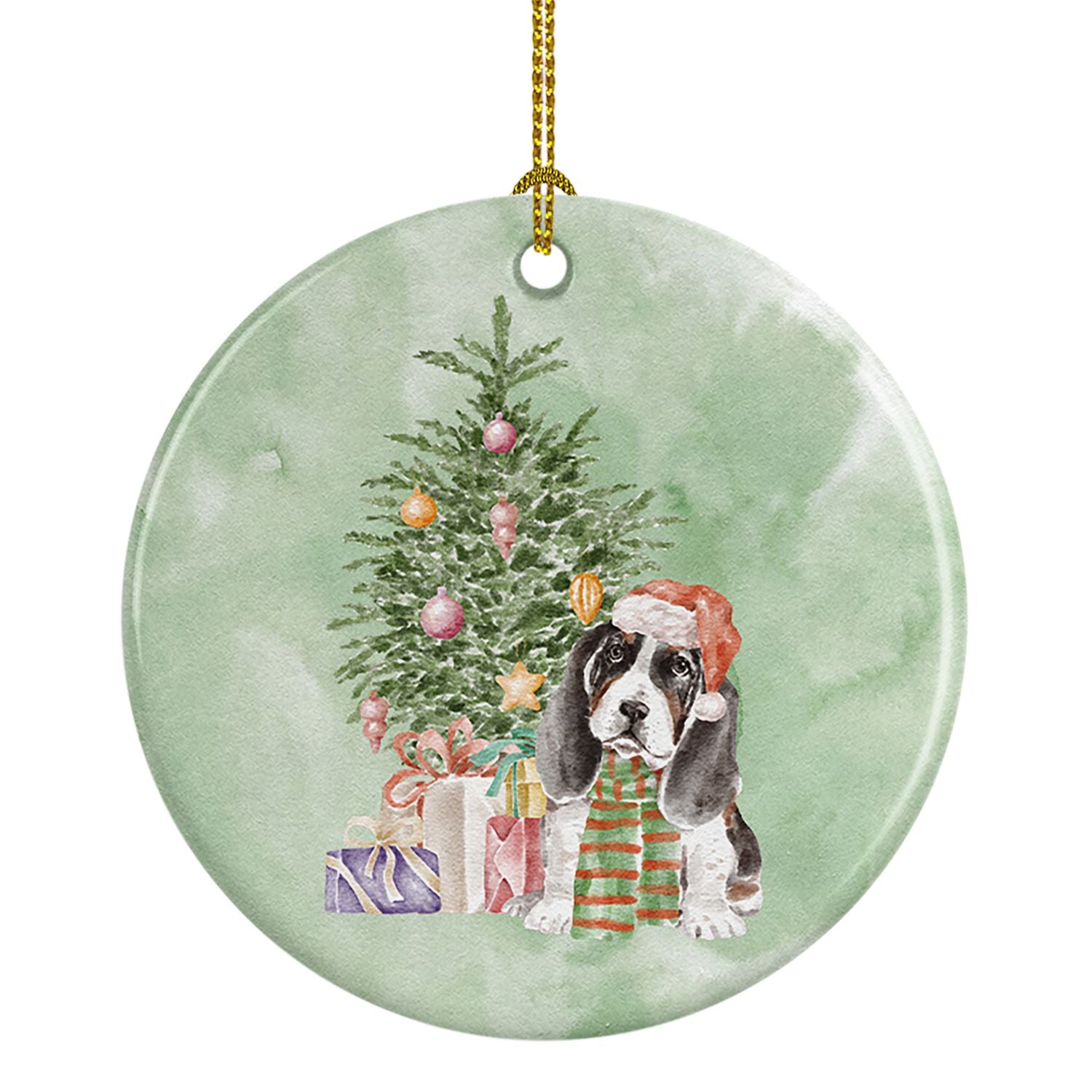 Basset Hound Puppy Christmas Presents and Tree Ceramic Ornament Christmas Tree Hanging Decorations for Home Christmas Holiday, P