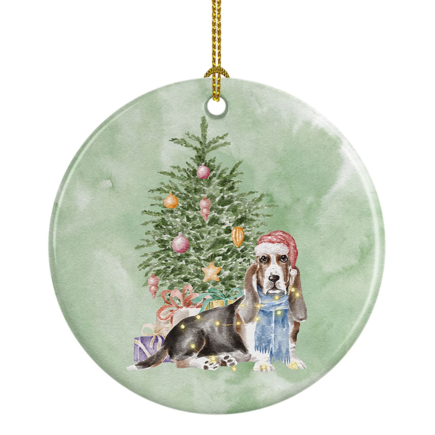 Basset Hound Christmas Presents and Tree Ceramic Ornament Christmas Tree Hanging Decorations for Home Christmas Holiday, Party, 