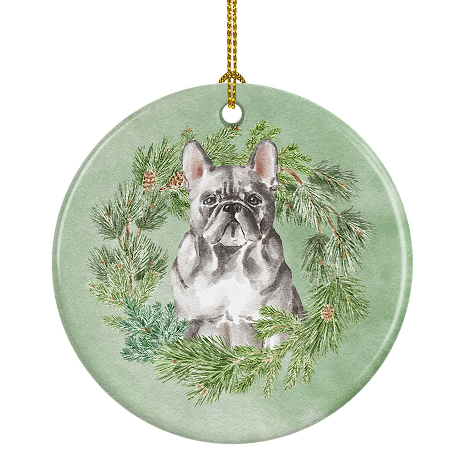 French Bulldog Blue Christmas Wreath Ceramic Ornament Christmas Tree Hanging Decorations for Home Christmas Holiday, Party, Gift