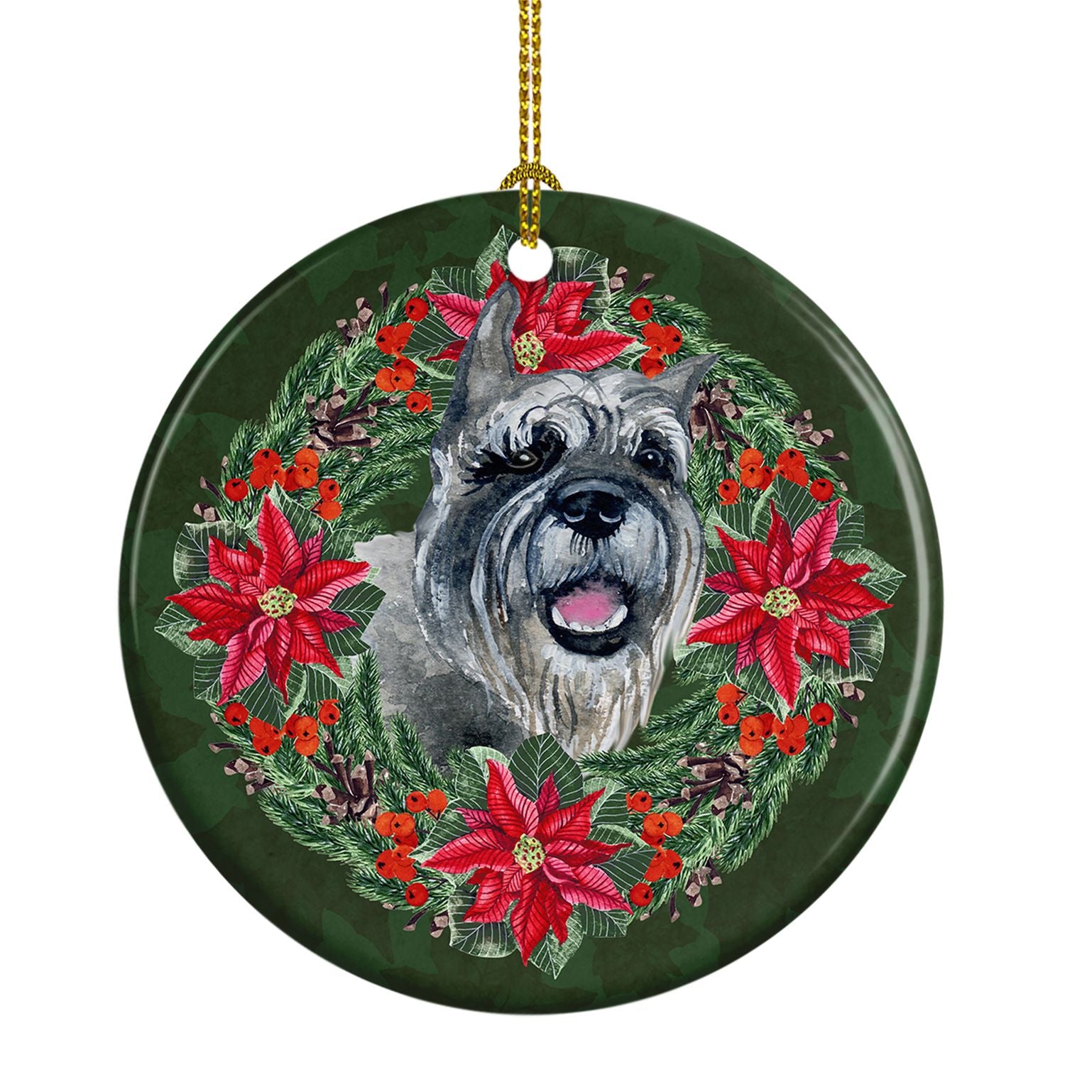Schnauzer Poinsetta Wreath Ceramic Ornament Christmas Tree Hanging Decorations for Home Christmas Holiday, Party, Gift, 3 in, Mu