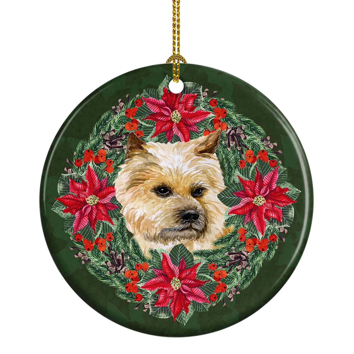 Cairn Terrier Poinsetta Wreath Ceramic Ornament Christmas Tree Hanging Decorations for Home Christmas Holiday, Party, Gift, 3 in