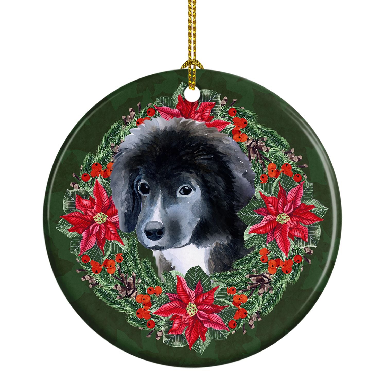 Newfoundland Puppy Poinsetta Wreath Ceramic Ornament Christmas Tree Hanging Decorations for Home Christmas Holiday, Party, Gift,