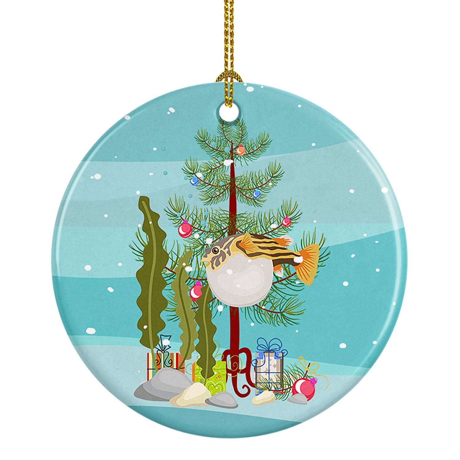 Puffer Fish Merry Christmas Ceramic Ornament Christmas Tree Hanging Decorations for Home Christmas Holiday, Party, Gift, 3 in, M