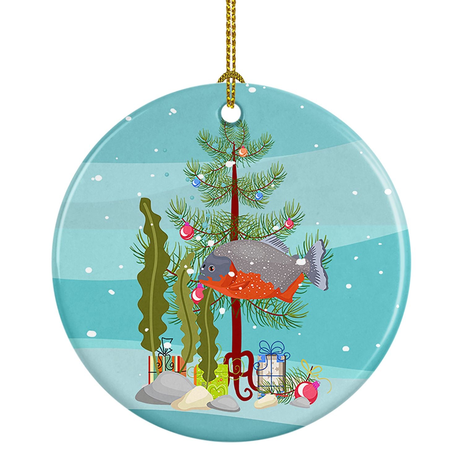 Piranha Merry Christmas Ceramic Ornament Christmas Tree Hanging Decorations for Home Christmas Holiday, Party, Gift, 3 in, Multi
