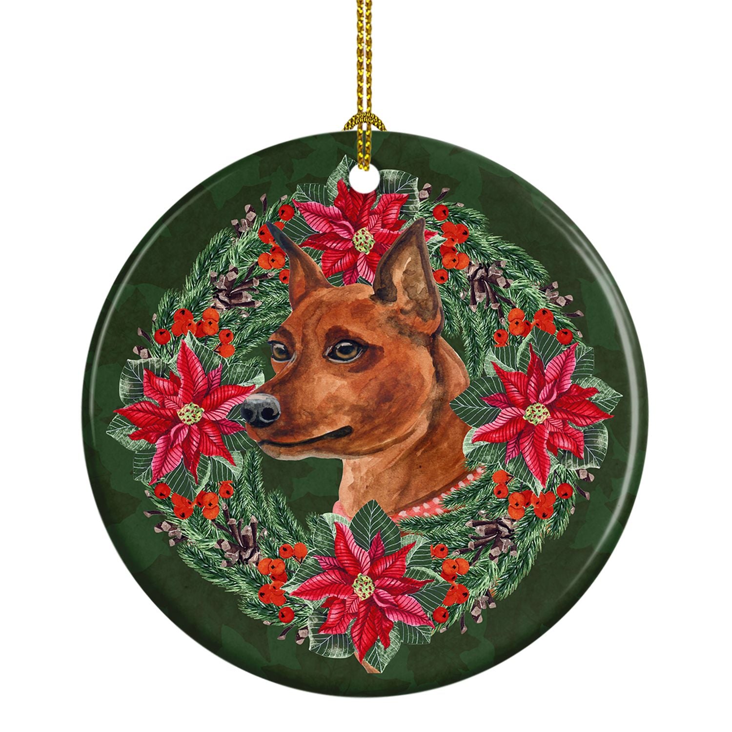 Miniature Pinscher Poinsetta Wreath Ceramic Ornament Christmas Tree Hanging Decorations for Home Christmas Holiday, Party, Gift,