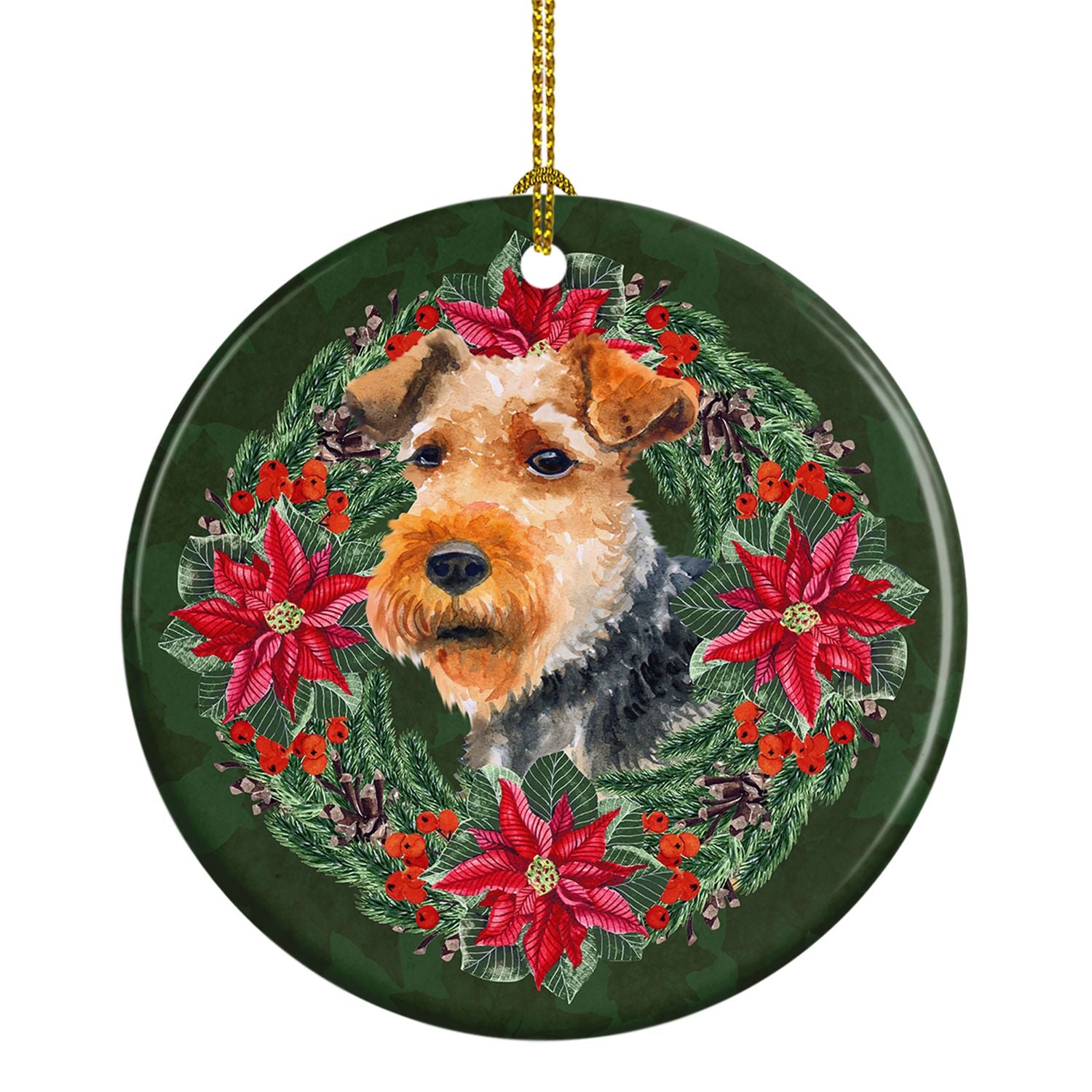 Welsh Terrier Poinsetta Wreath Ceramic Ornament Christmas Tree Hanging Decorations for Home Christmas Holiday, Party, Gift, 3 in