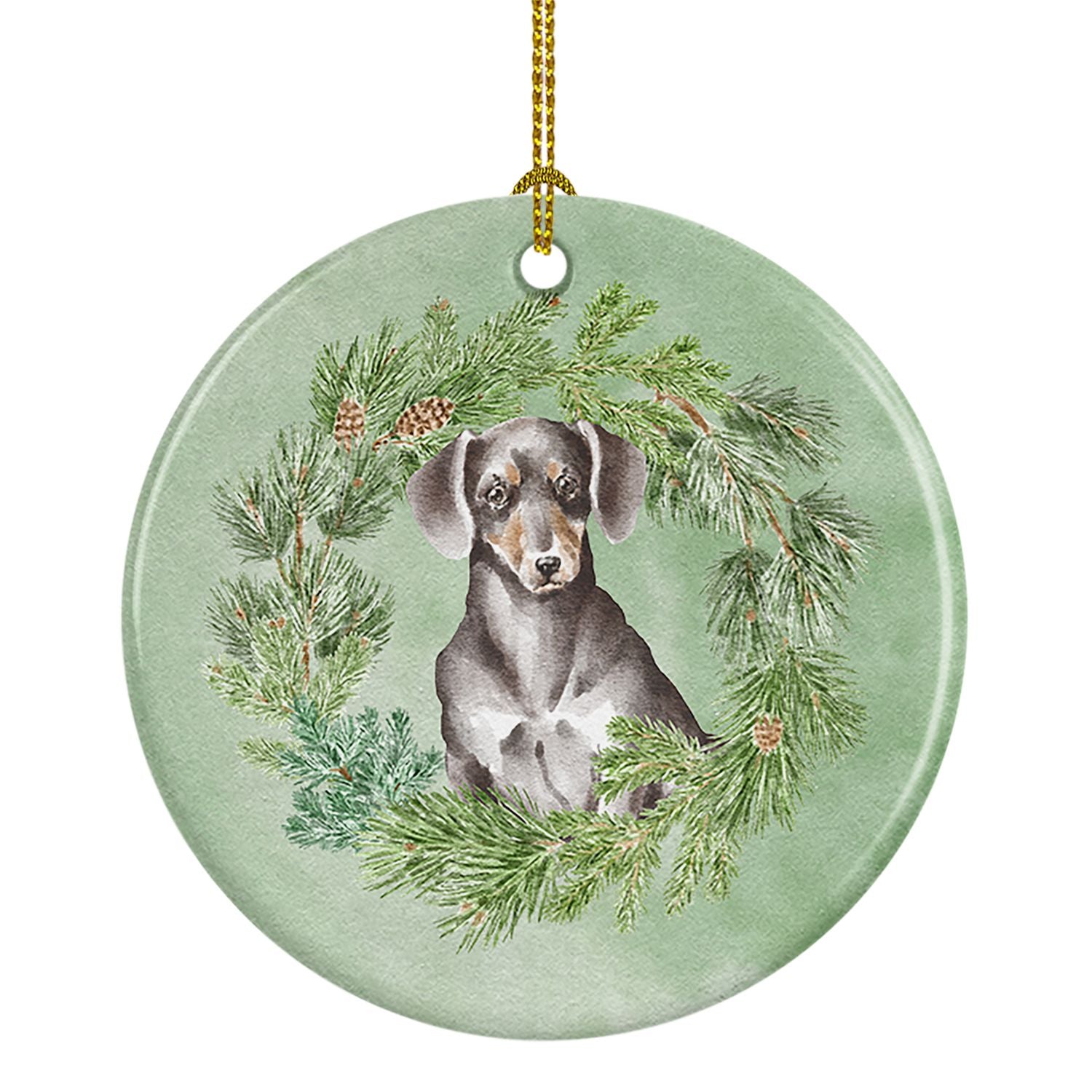 Dachshund Black and Tan Christmas Wreath Ceramic Ornament Christmas Tree Hanging Decorations for Home Christmas Holiday, Party, 