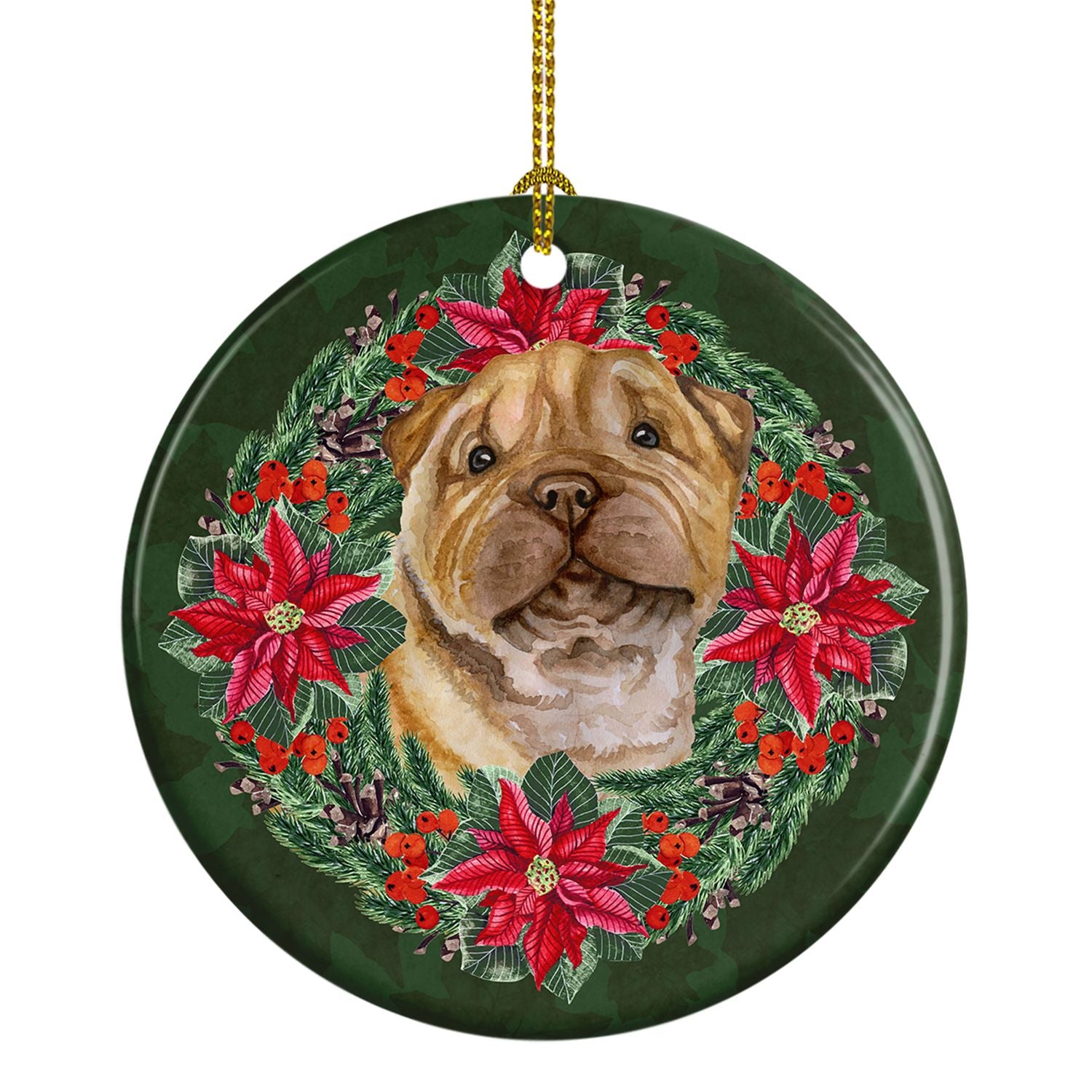 Shar Pei Puppy Poinsetta Wreath Ceramic Ornament Christmas Tree Hanging Decorations for Home Christmas Holiday, Party, Gift, 3 i