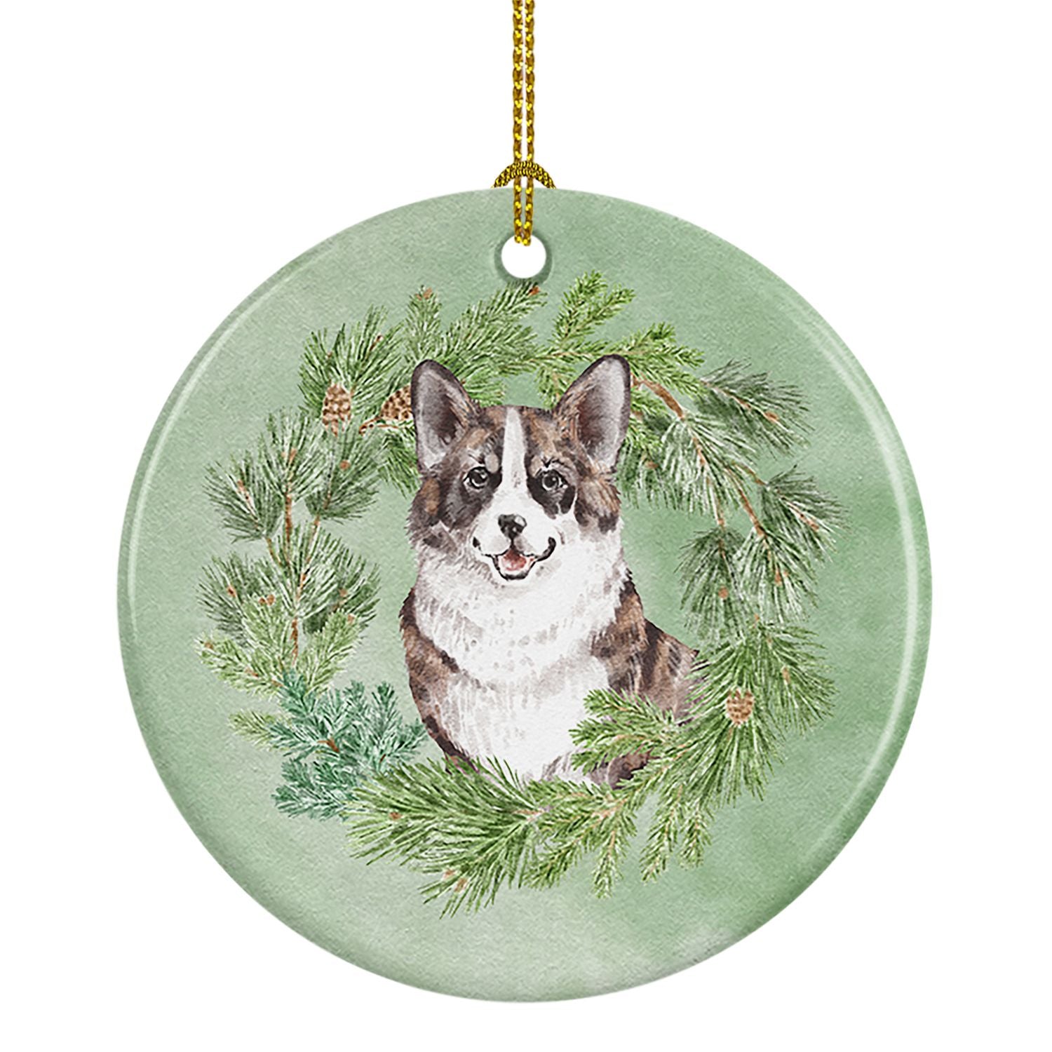Corgi Brindle Christmas Wreath Ceramic Ornament Christmas Tree Hanging Decorations for Home Christmas Holiday, Party, Gift, 3 in