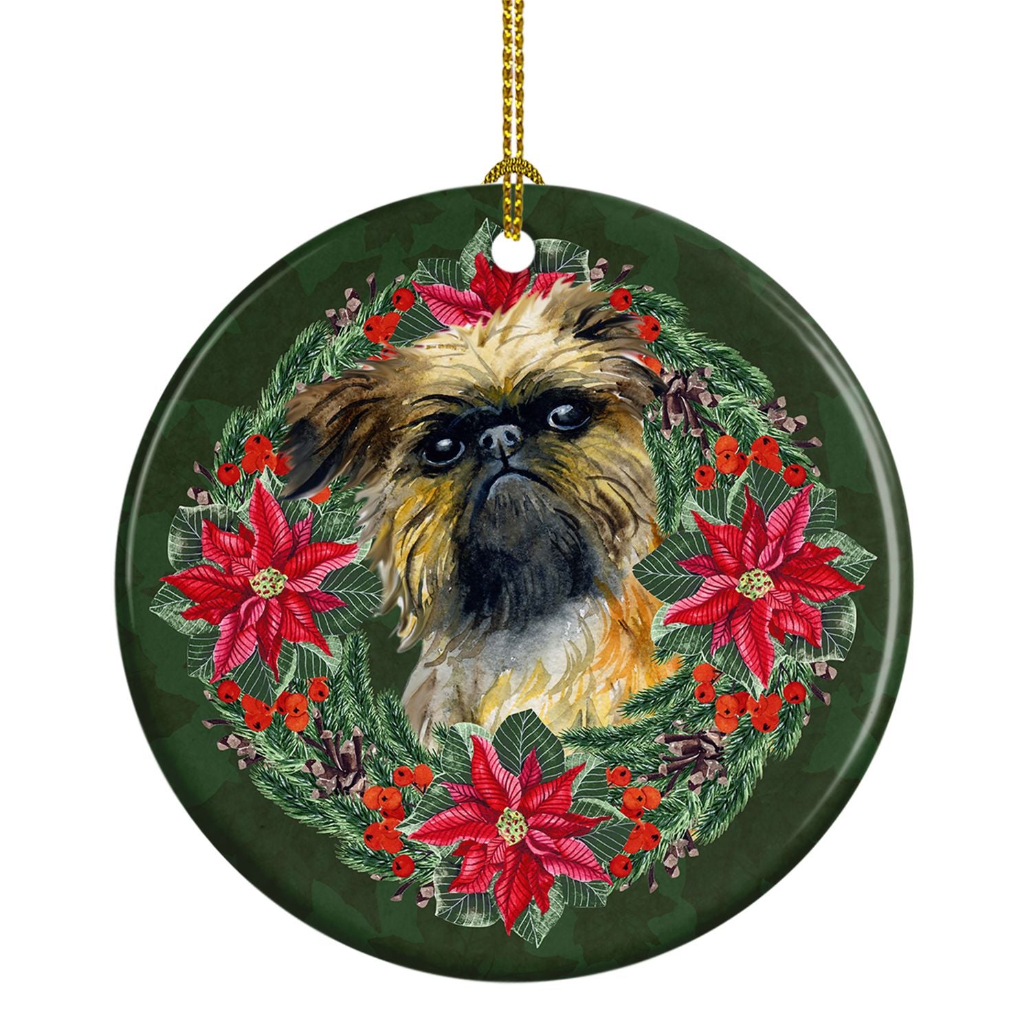 Brussels Griffon Poinsetta Wreath Ceramic Ornament Christmas Tree Hanging Decorations for Home Christmas Holiday, Party, Gift, 3
