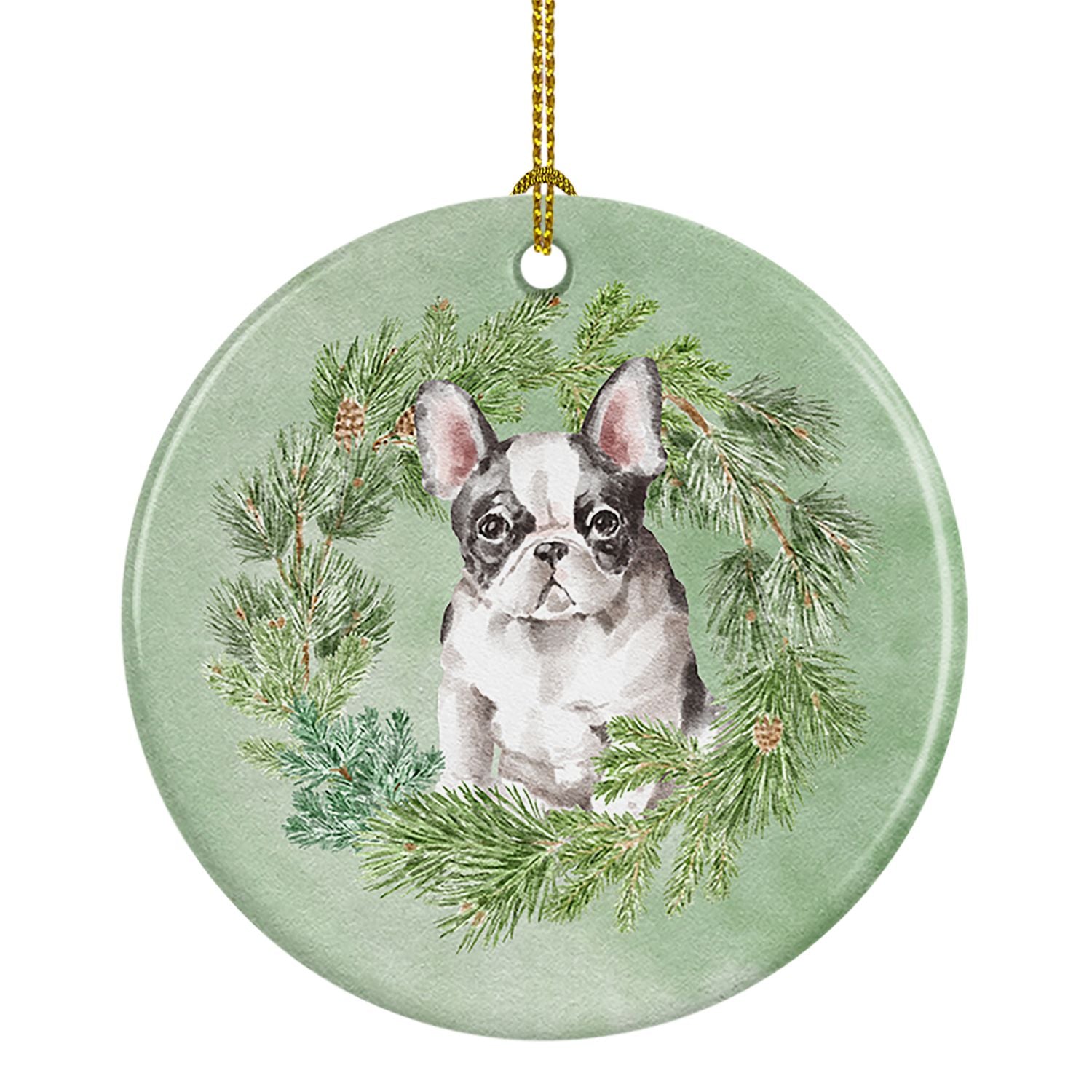 French Bulldog Black and White Christmas Wreath Ceramic Ornament Christmas Tree Hanging Decorations for Home Christmas Holiday, 