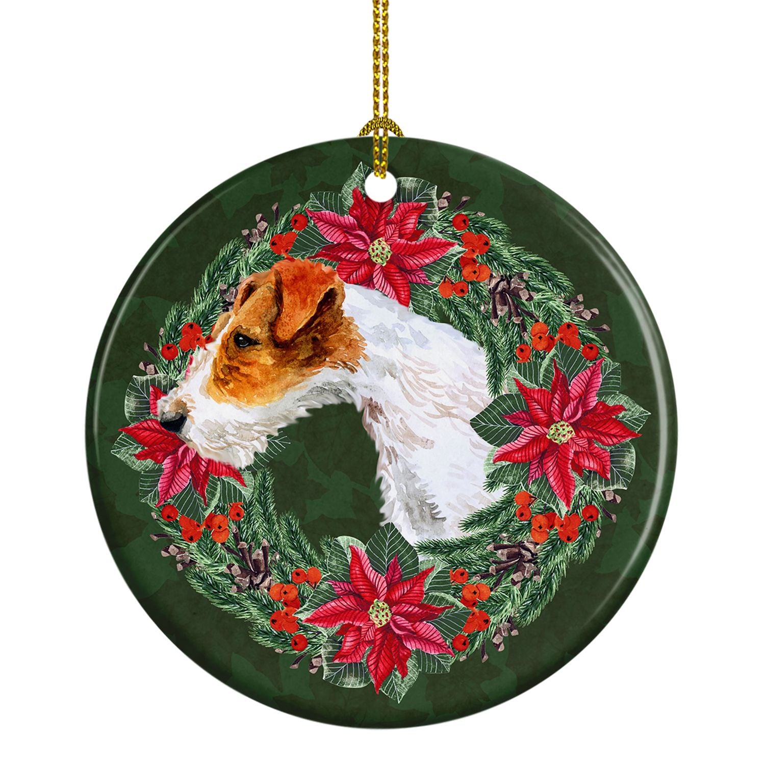 Fox Terrier Poinsetta Wreath Ceramic Ornament Christmas Tree Hanging Decorations for Home Christmas Holiday, Party, Gift, 3 in, 