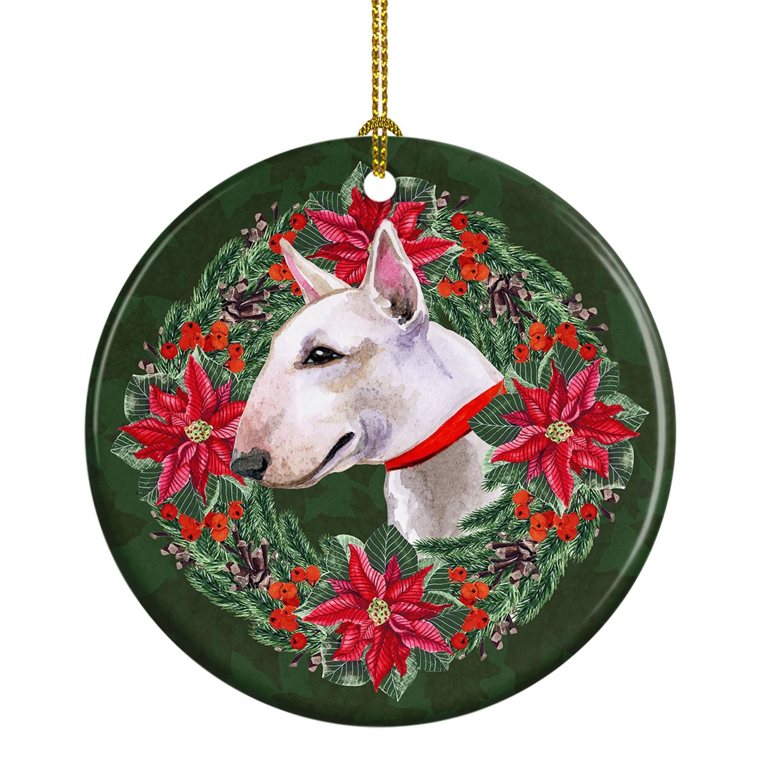 NEW Bull Terrier Poinsetta Wreath Ceramic Ornament Christmas Tree Hanging Decorations for Home Christmas Holiday, Party, Gift, 3