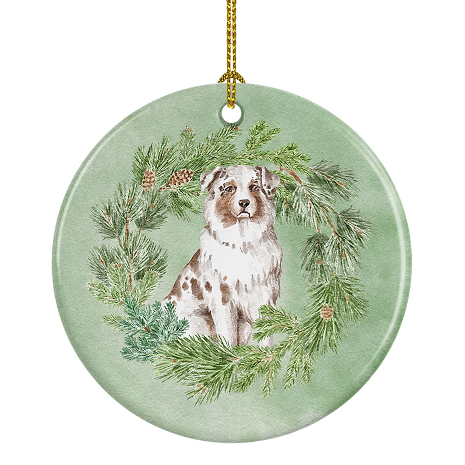 Australian Shepherd Red Merle Christmas Wreath Ceramic Ornament Christmas Tree Hanging Decorations for Home Christmas Holiday, P