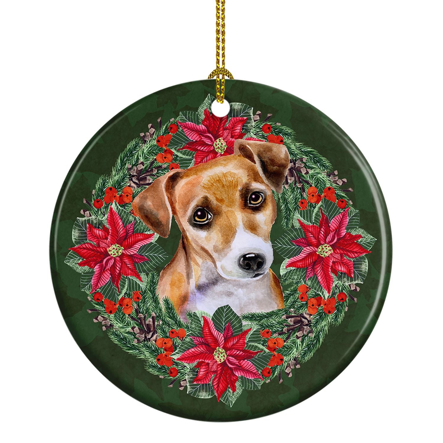 Jack Russell Terrier #2 Poinsetta Wreath Ceramic Ornament Christmas Tree Hanging Decorations for Home Christmas Holiday, Party, 