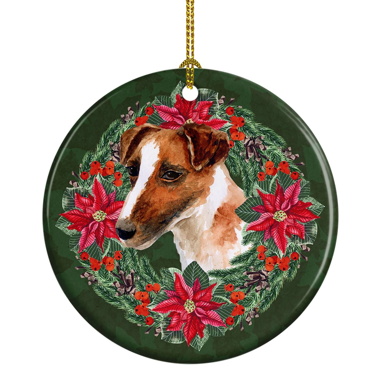Smooth Fox Terrier Poinsetta Wreath Ceramic Ornament Christmas Tree Hanging Decorations for Home Christmas Holiday, Party, Gift,