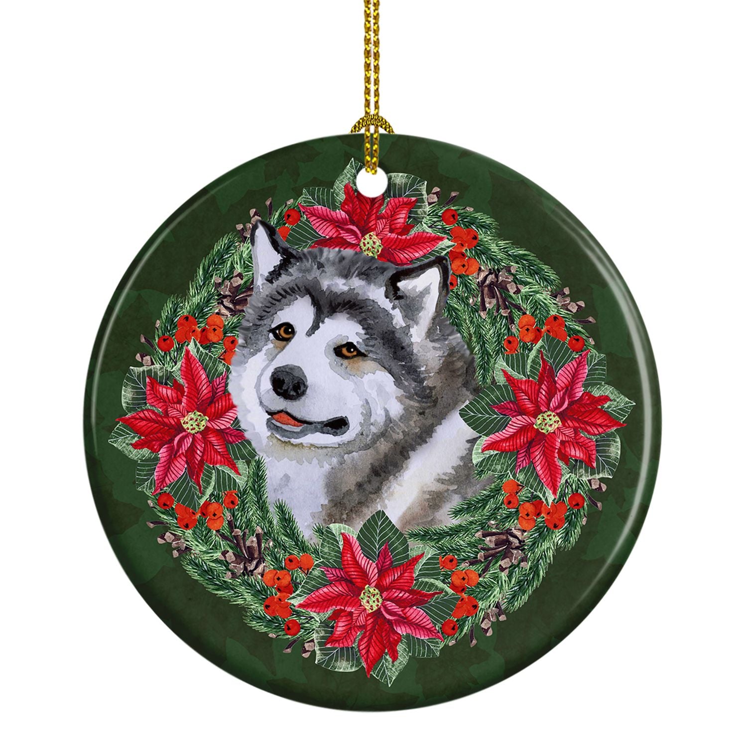Alaskan Malamute Poinsetta Wreath Ceramic Ornament Christmas Tree Hanging Decorations for Home Christmas Holiday, Party, Gift, 3
