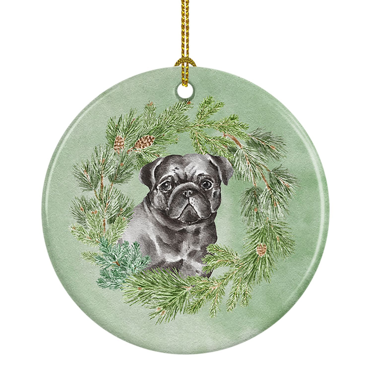 Pug Black Christmas Wreath Ceramic Ornament Christmas Tree Hanging Decorations for Home Christmas Holiday, Party, Gift, 3 in, Mu