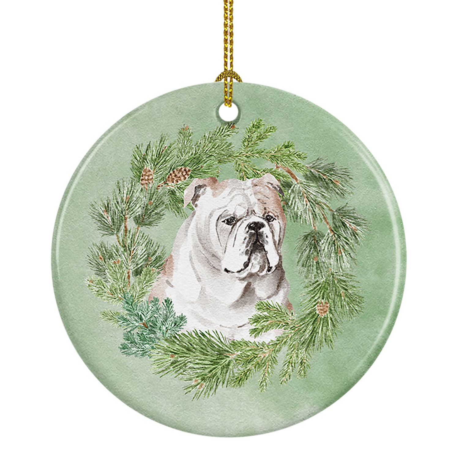 Bulldog Fawn Christmas Wreath Ceramic Ornament Christmas Tree Hanging Decorations for Home Christmas Holiday, Party, Gift, 3 in,