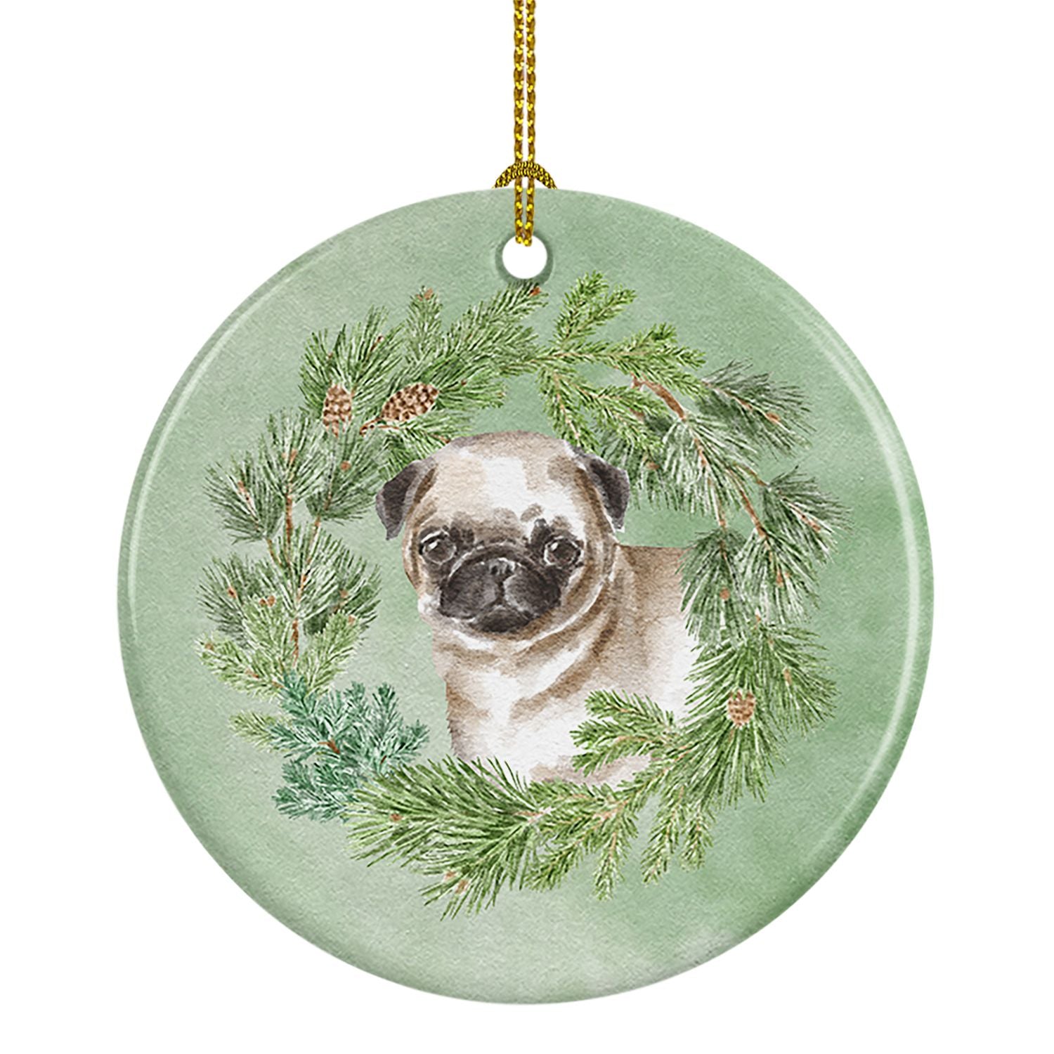 Pug Puppy Fawn Christmas Wreath Ceramic Ornament Christmas Tree Hanging Decorations for Home Christmas Holiday, Party, Gift, 3 i