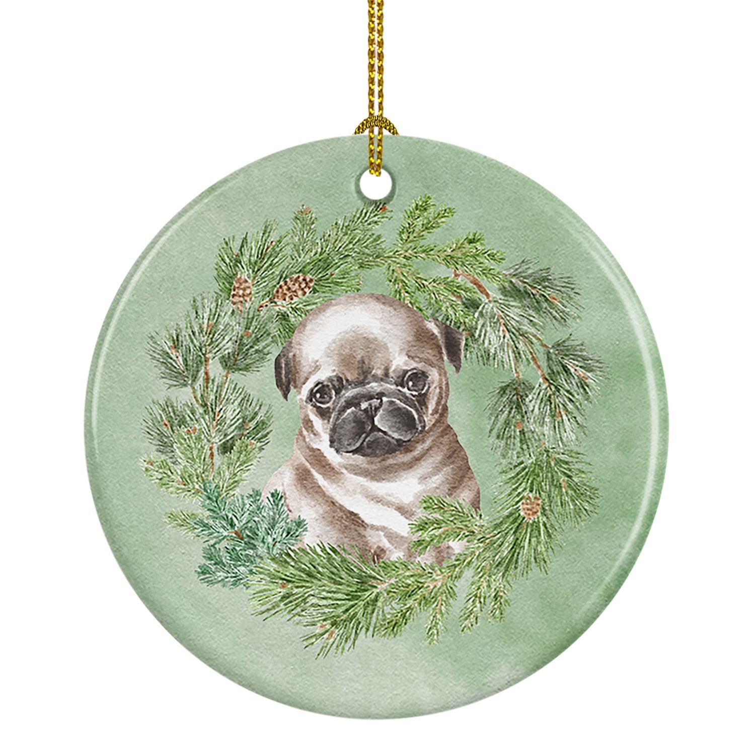 Pug Puppy Fawn Head Tilt Christmas Wreath Ceramic Ornament Christmas Tree Hanging Decorations for Home Christmas Holiday, Party,