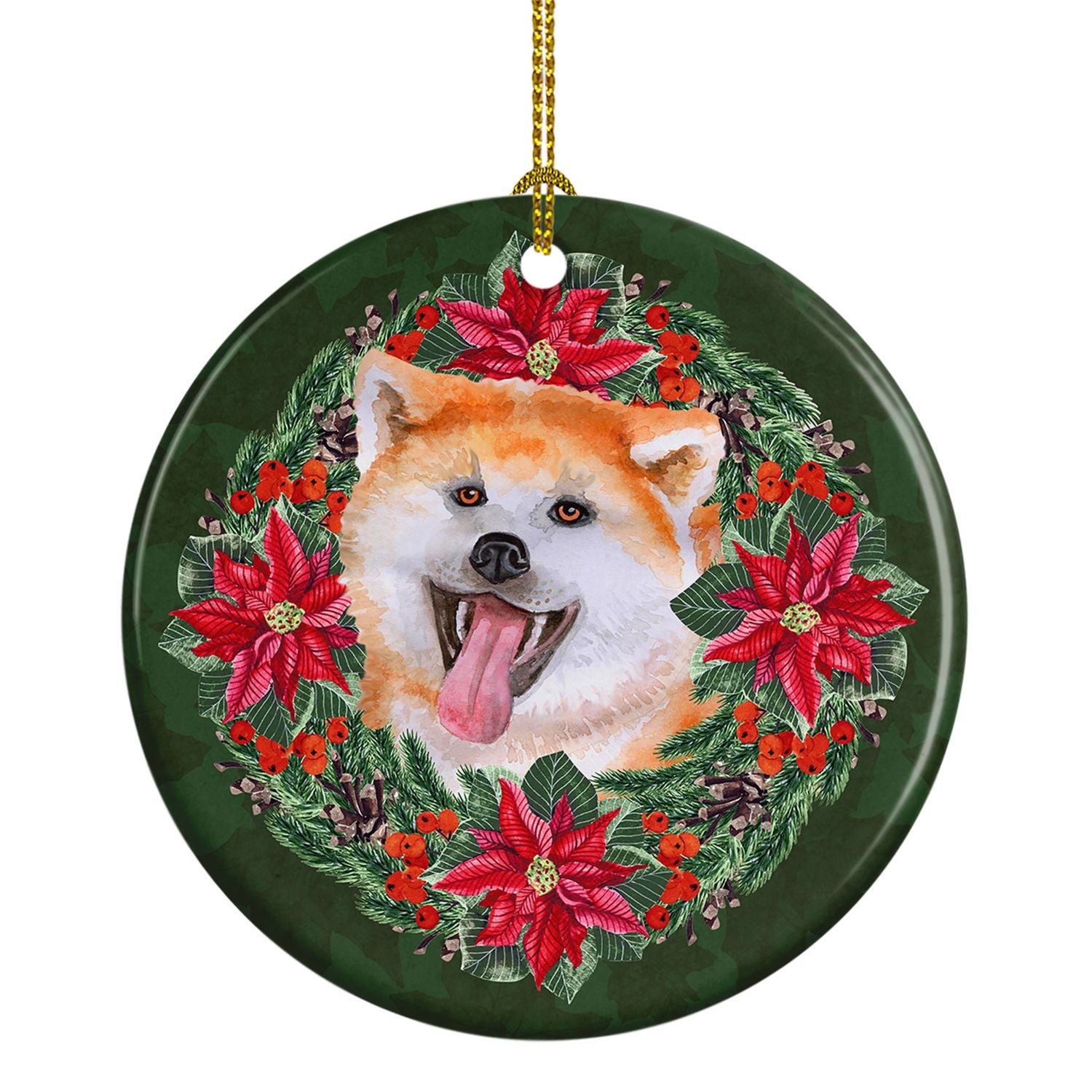 Akita Poinsetta Wreath Ceramic Ornament Christmas Tree Hanging Decorations for Home Christmas Holiday, Party, Gift, 3 in, Multic