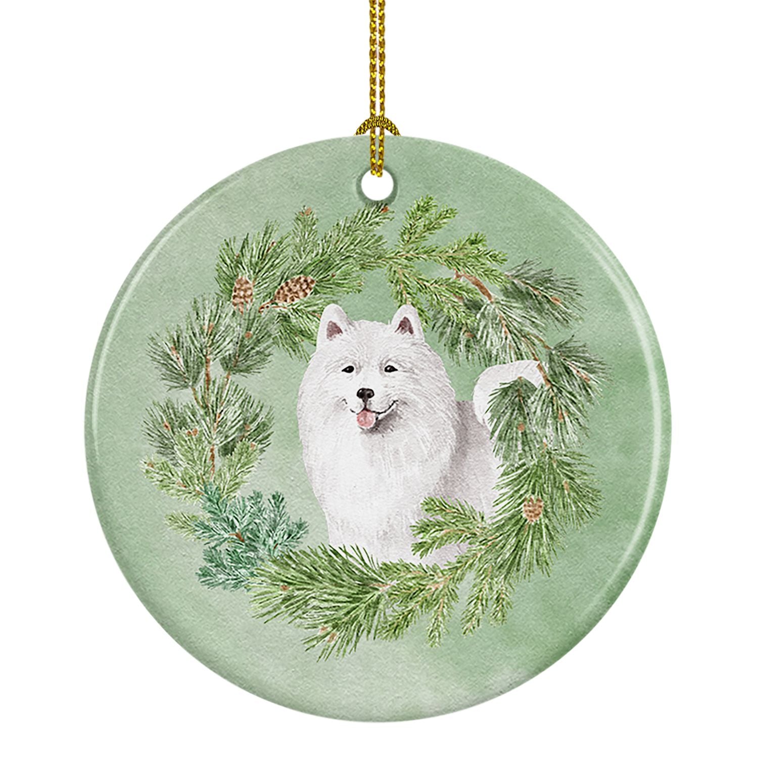 Samoyed Smiling Christmas Wreath Ceramic Ornament Christmas Tree Hanging Decorations for Home Christmas Holiday, Party, Gift, 3 