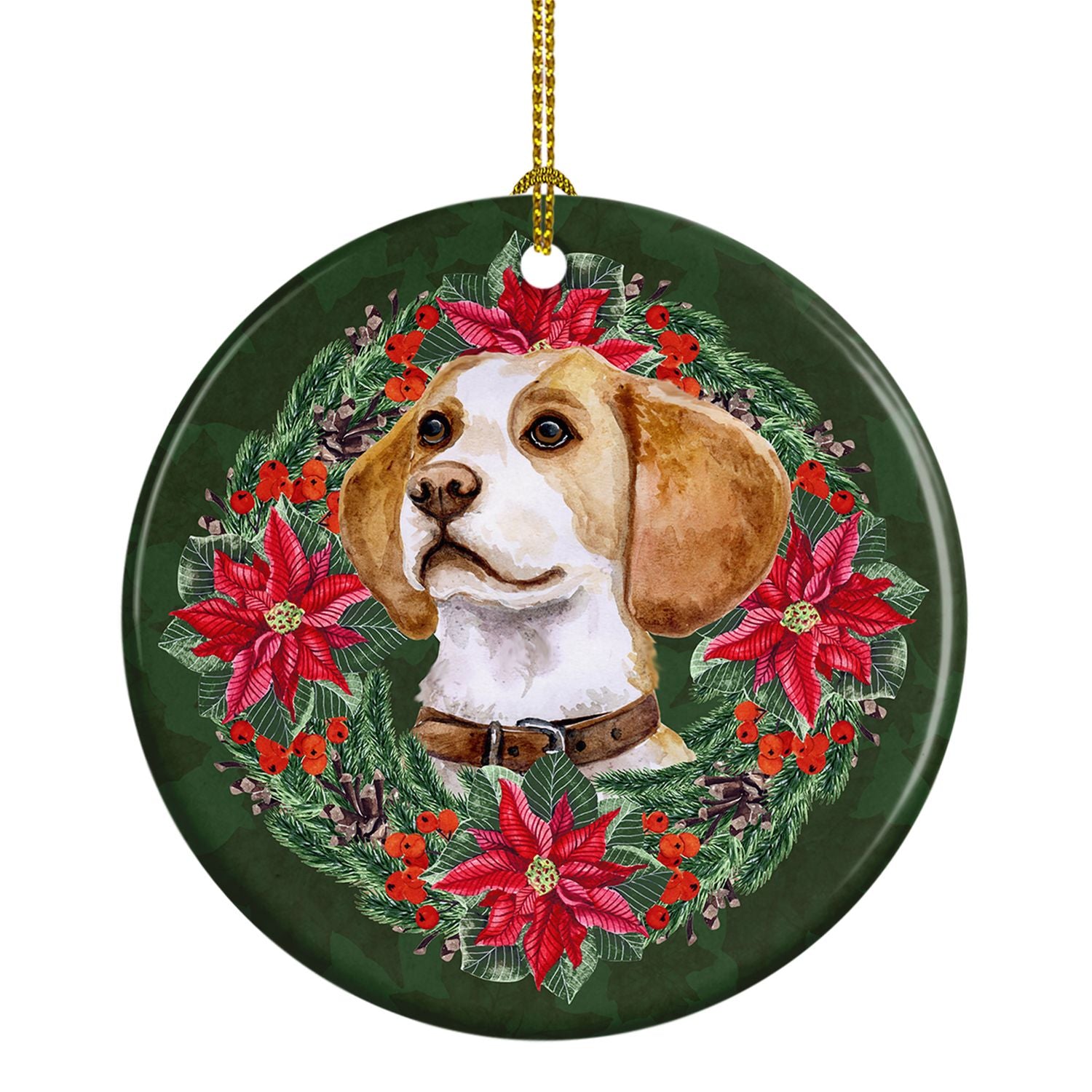 Beagle Poinsetta Wreath Ceramic Ornament Christmas Tree Hanging Decorations for Home Christmas Holiday, Party, Gift, 3 in, Multi
