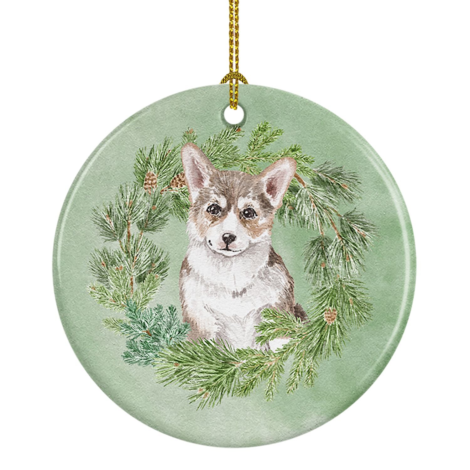 Corgi Puppy Sable Christmas Wreath Ceramic Ornament Christmas Tree Hanging Decorations for Home Christmas Holiday, Party, Gift, 