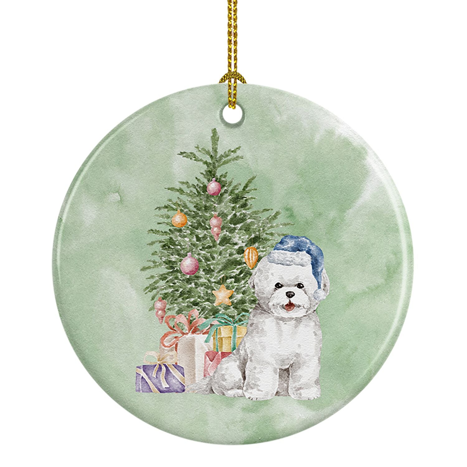 Bichon Frise Blue Hat Christmas Presents and Tree Ceramic Ornament Christmas Tree Hanging Decorations for Home Christmas Holiday