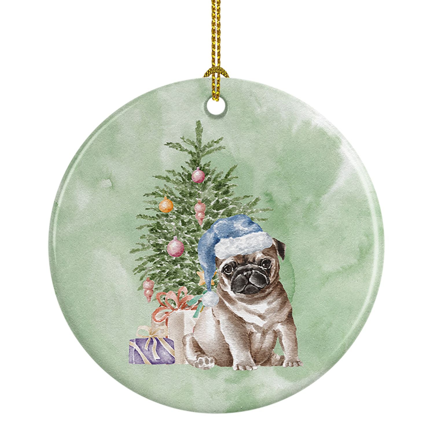 Pug Fawn Puppy Christmas Presents and Tree Ceramic Ornament Christmas Tree Hanging Decorations for Home Christmas Holiday, Party