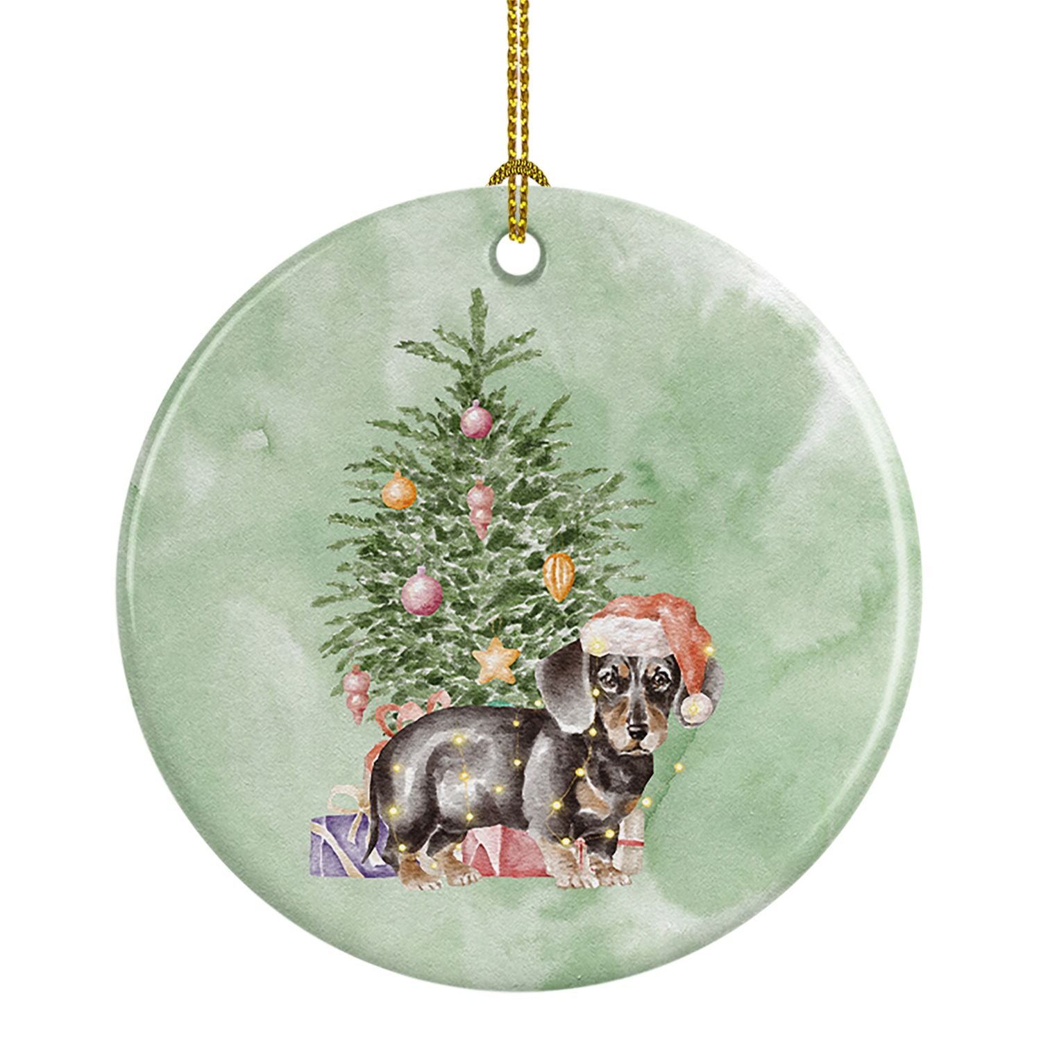 Dachshund Black Tan Puppy Christmas Presents and Tree Ceramic Ornament Christmas Tree Hanging Decorations for Home Christmas Hol