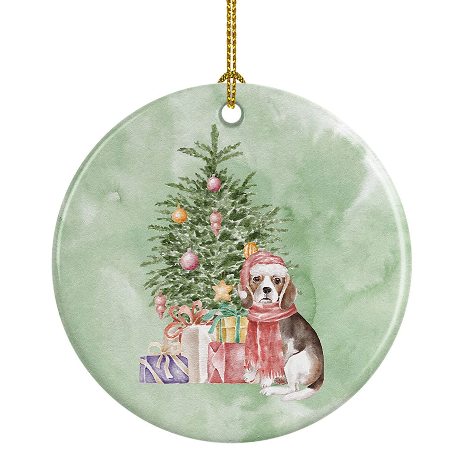 Beagle Puppy Christmas Presents and Tree Ceramic Ornament Christmas Tree Hanging Decorations for Home Christmas Holiday, Party, 