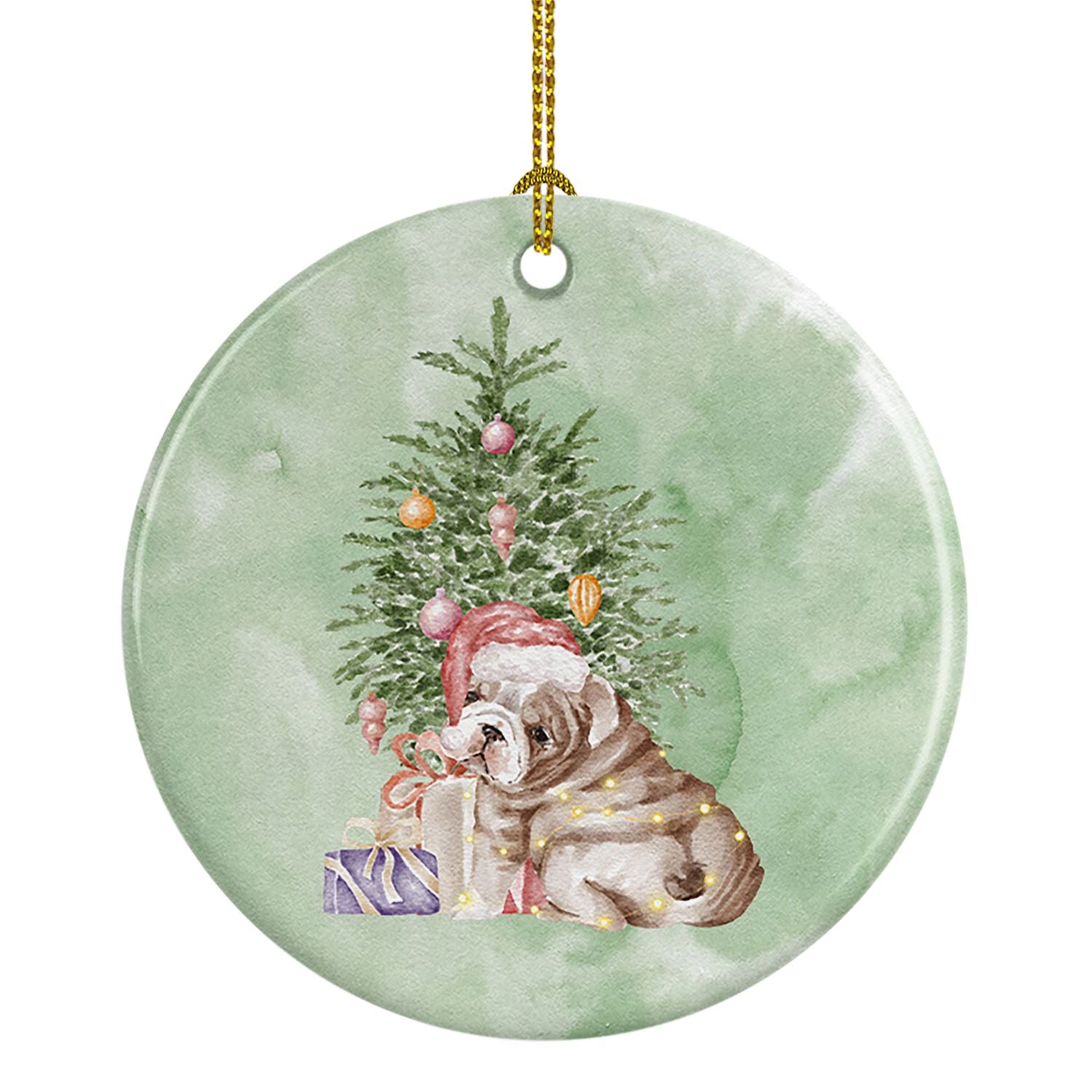 Bulldog, English Bulldog Puppy Christmas Presents and Tree Ceramic Ornament Christmas Tree Hanging Decorations for Home Christma