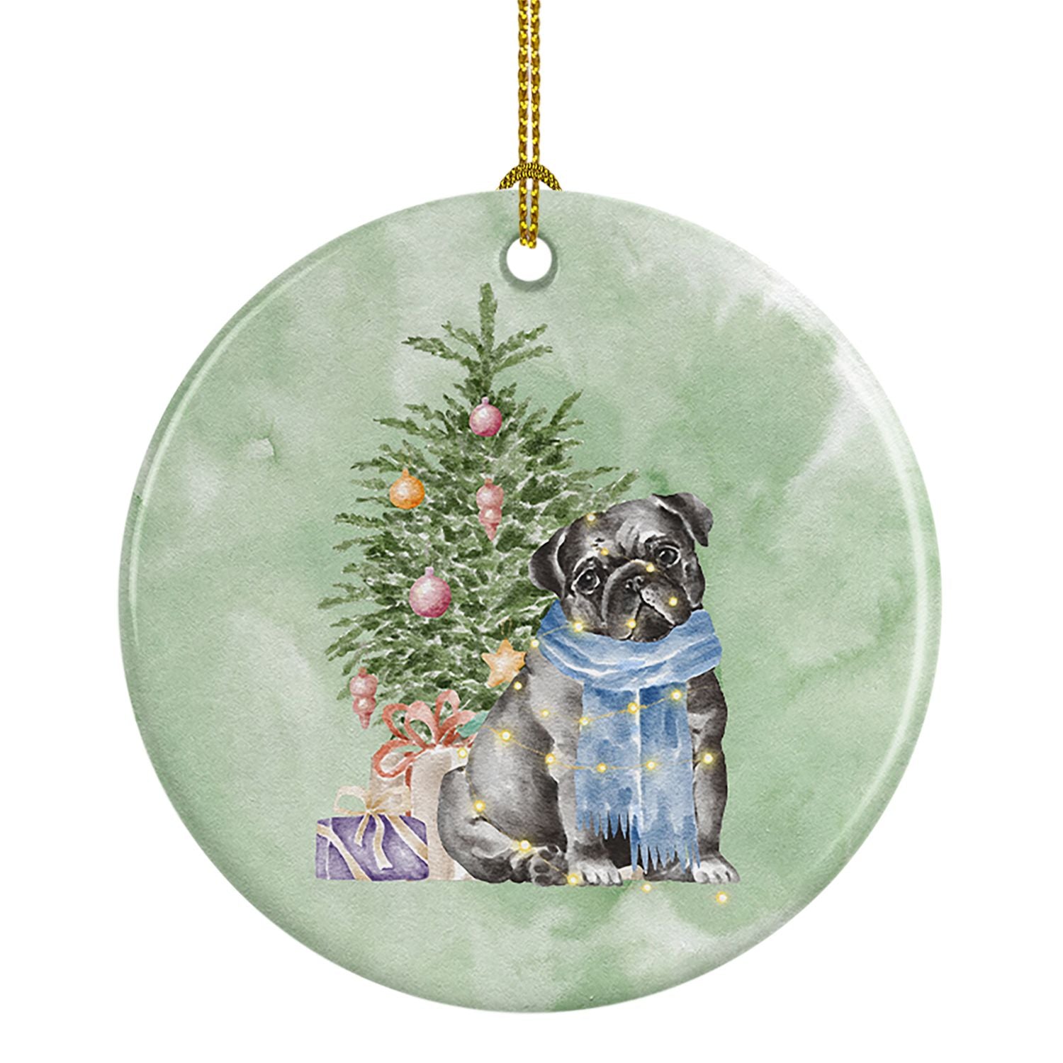 Pug Black Christmas Presents and Tree Ceramic Ornament Christmas Tree Hanging Decorations for Home Christmas Holiday, Party, Gif