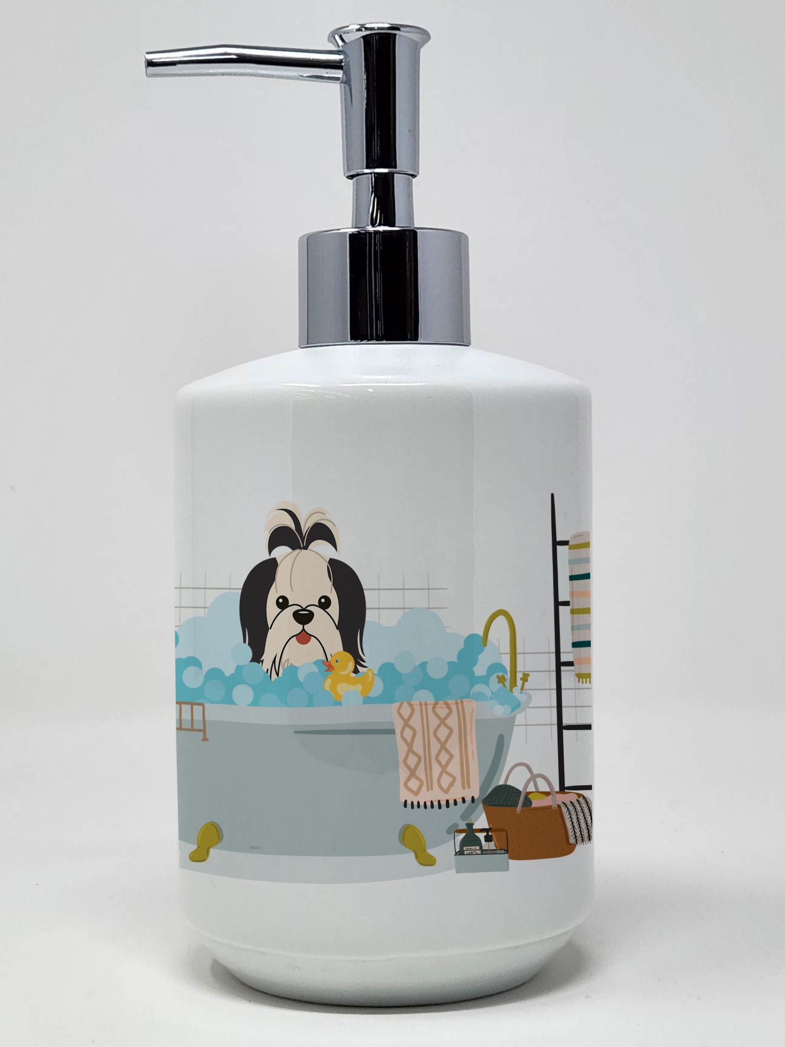 Black White Shih Tzu in Bathtub Ceramic Soap Dispenser Hand Soap Dispenser Pump Bottles for Bathroom Kitchen, Empty Refillable L