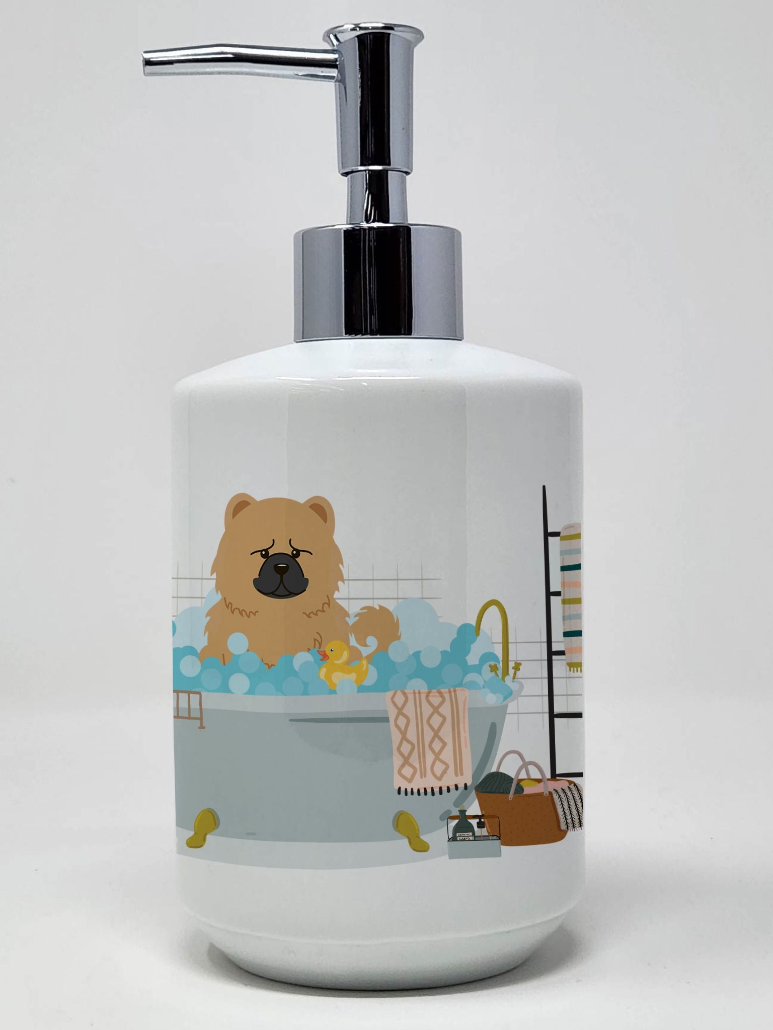 Cream Chow Chow in Bathtub Ceramic Soap Dispenser Hand Soap Dispenser Pump Bottles for Bathroom Kitchen, Empty Refillable Liquid