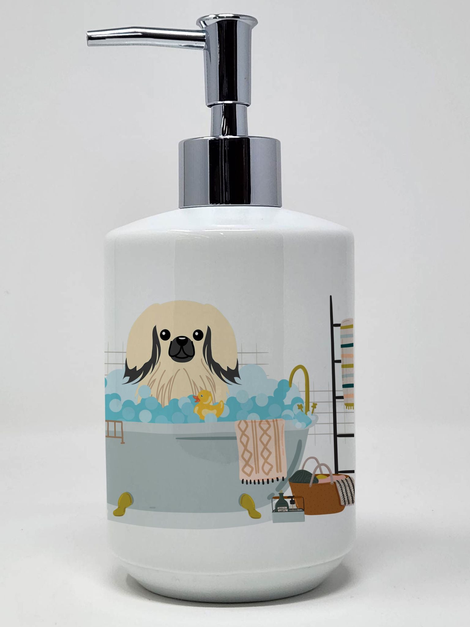 Cream Pekingese in Bathtub Ceramic Soap Dispenser Hand Soap Dispenser Pump Bottles for Bathroom Kitchen, Empty Refillable Liquid