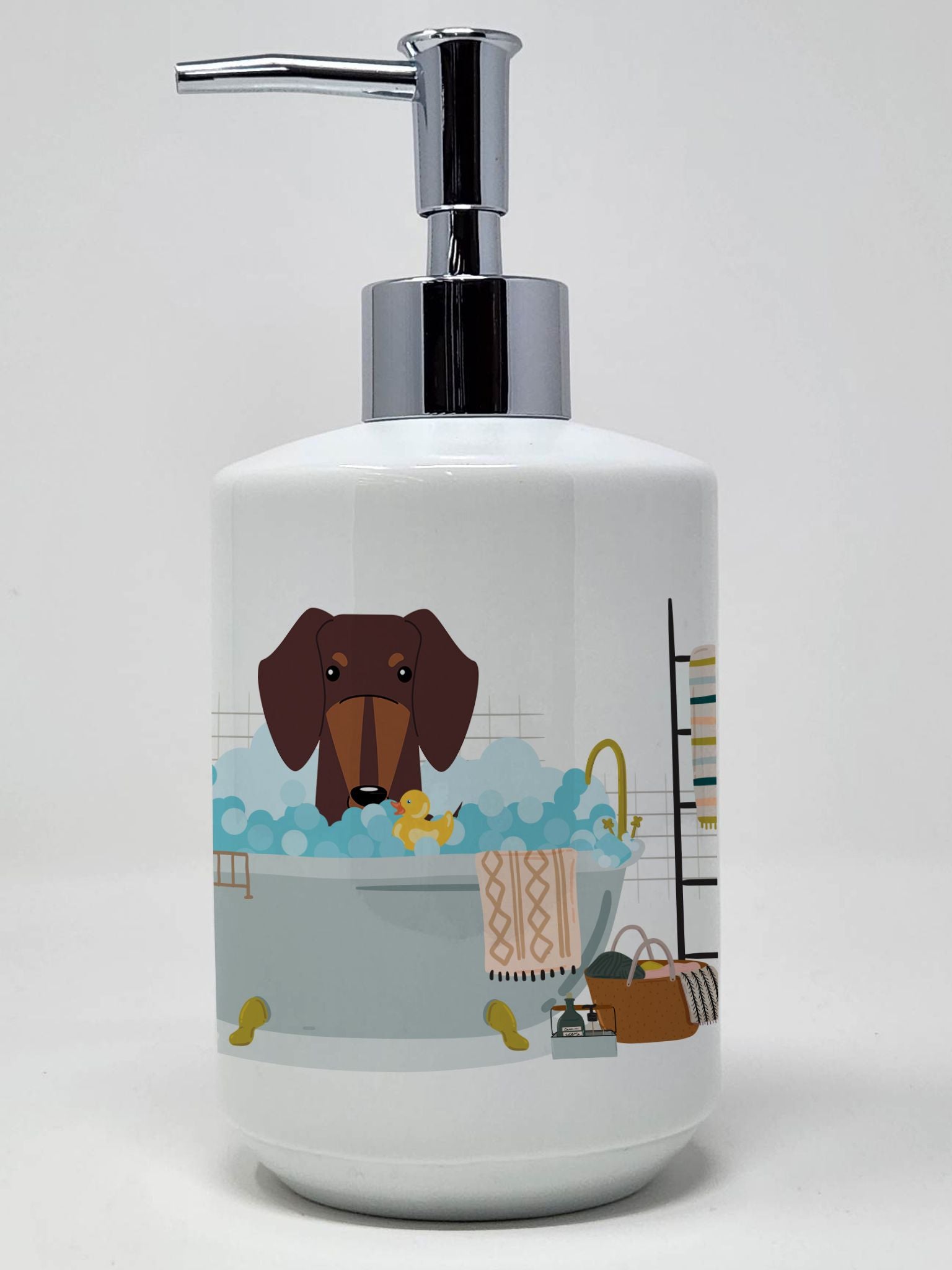 Chocolate Dachshund in Bathtub Ceramic Soap Dispenser Hand Soap Dispenser Pump Bottles for Bathroom Kitchen, Empty Refillable Li