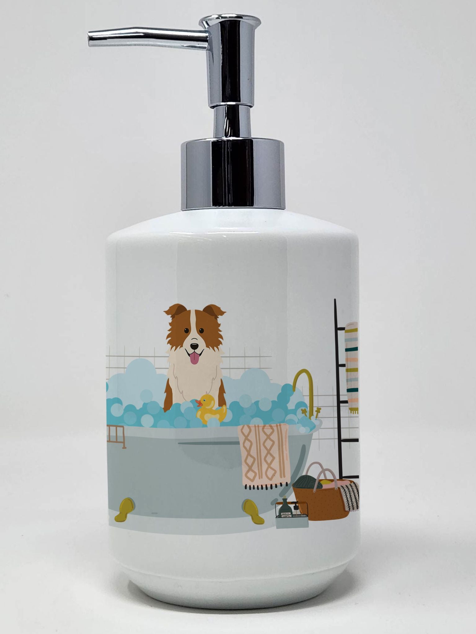 Red White Border Collie in Bathtub Ceramic Soap Dispenser Hand Soap Dispenser Pump Bottles for Bathroom Kitchen, Empty Refillabl