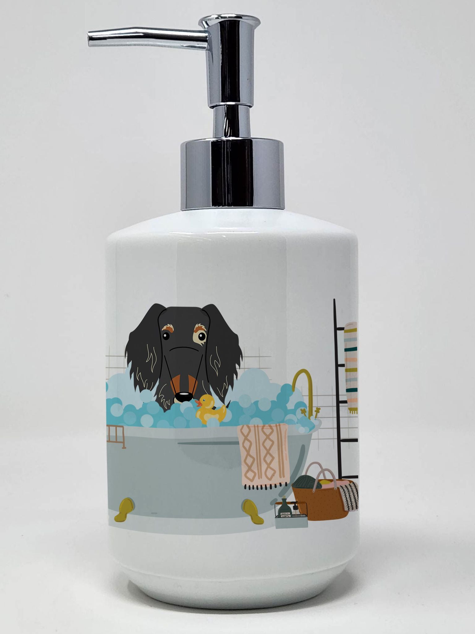 Dapple Wire Haired Dachshund in Bathtub Ceramic Soap Dispenser Hand Soap Dispenser Pump Bottles for Bathroom Kitchen, Empty Refi